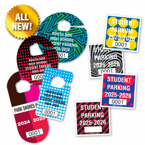 Collage of New Fall 2023 Designs of Parking Hang Tags and Decals