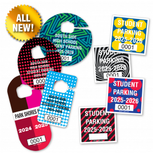 Collage of Fall 2023 Designs of Parking Hang Tags and Decals