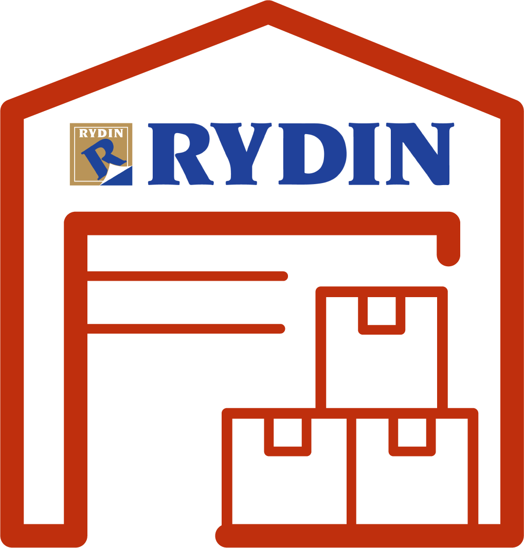 Warehouse icon with boxes and Rydin logo