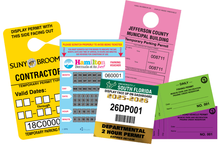 Grouping of temporary parking permits including a yellow temporary paper parking permit, a custom branded scratch-off temporary parking permit, temporary parking permit with special features, and three more