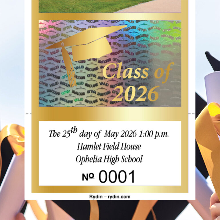 Close up of a custom graduation ticket with hologram