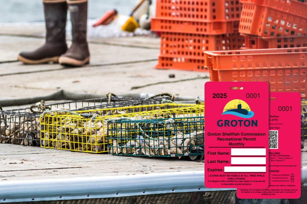 shellfish traps on a dock with the front and back of a municipal shellfish permit- municipal permit needs