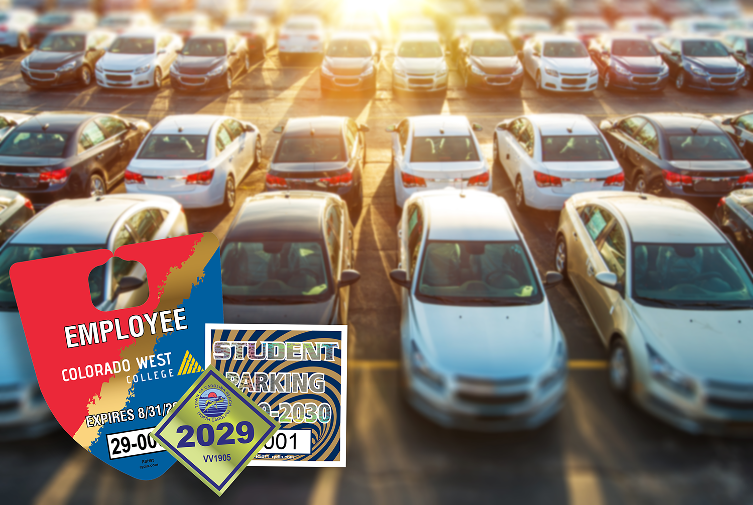 Hang Tags vs Decals group superimposed over parking lot