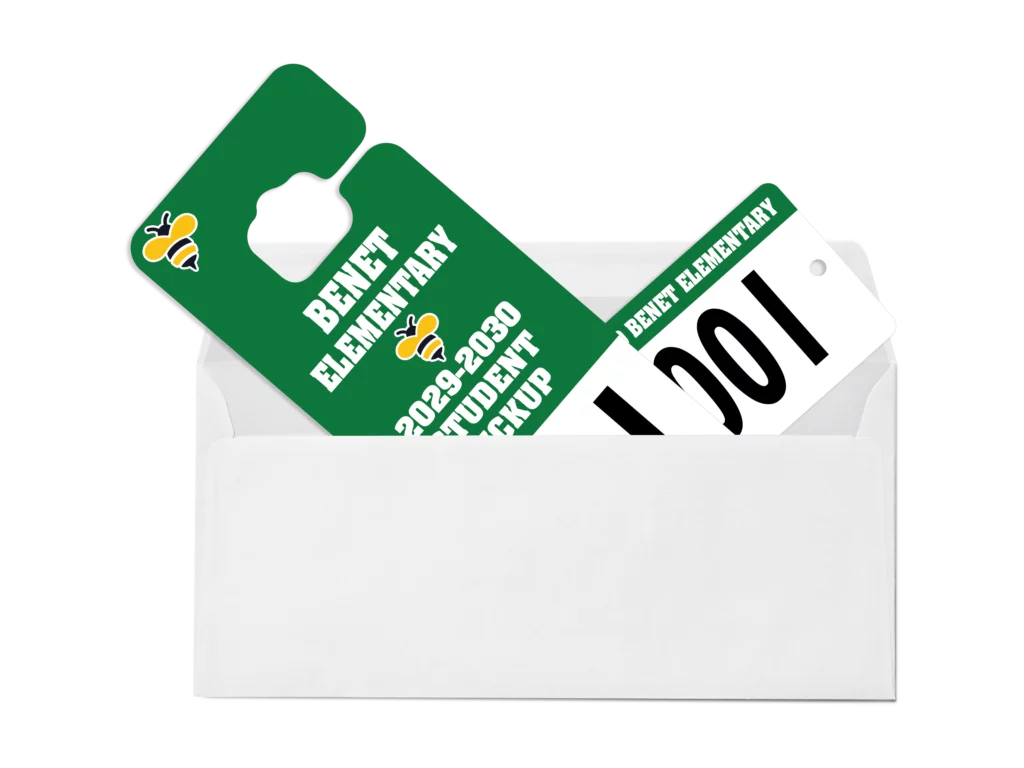 Envelope with Distribution plan for school dismissal safety containing Student pickup hang tag and backpack tag