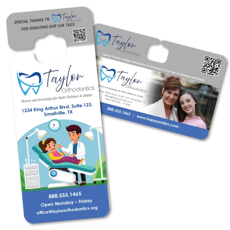 Two Student Pickup Tags for Student Dismissal Safety with Sponsorship on the back