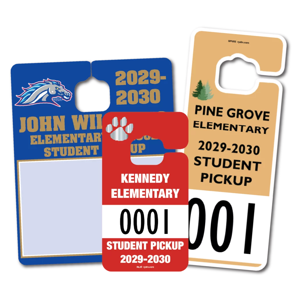 Group of school dismissal safety student pickup hang tags