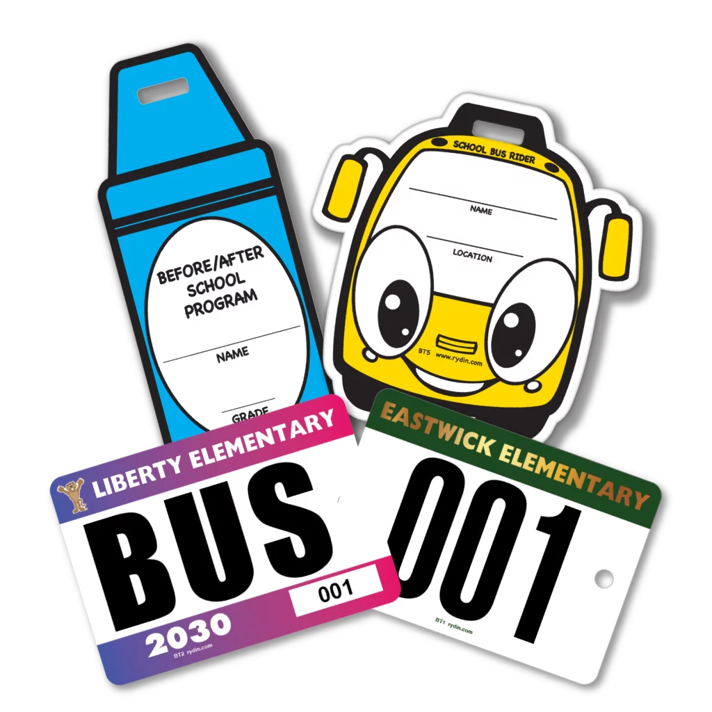 Group of school dismissal safety student pickup backpack tags
