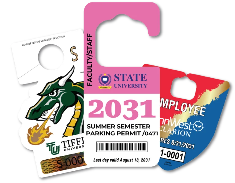 group of parking permit hang tags for a campus parking permit program